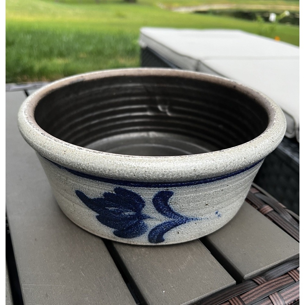Vintage Rowe Pottery 1985 Stoneware Salt Glazed Bowl Crock Blue Floral Farm 9"